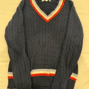 Uniqlo Navy V-Neck Sweater with Red and White Stripes